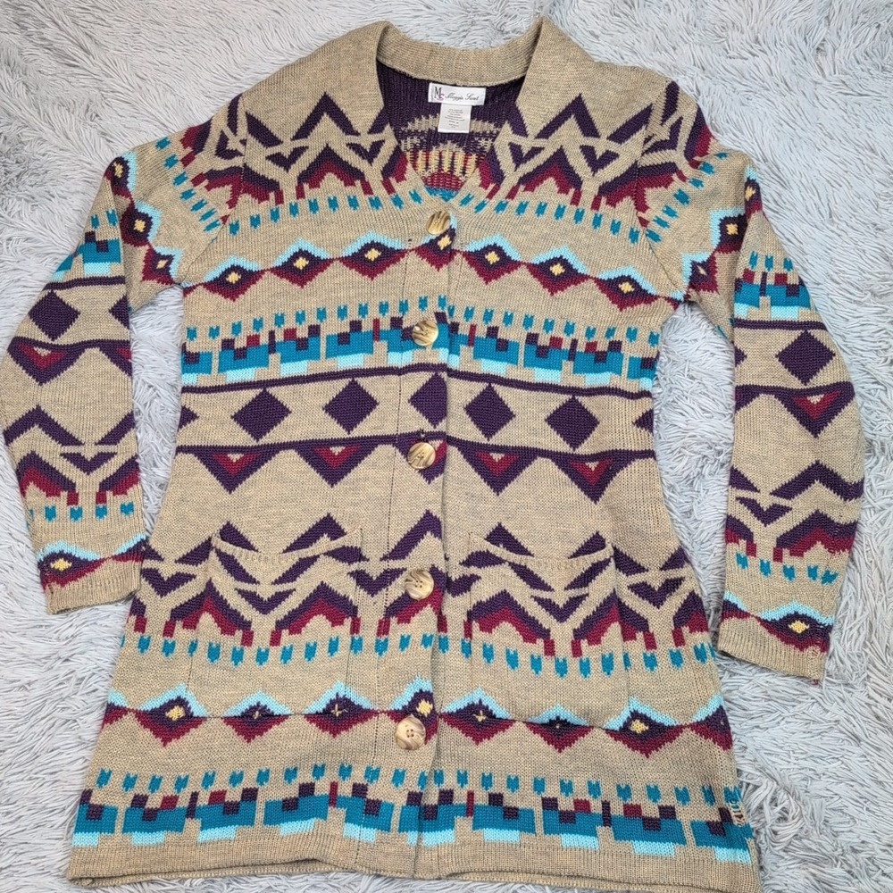 Maggie Sweet Sweater Womens M Biege Cardigan Aztec‎ Soft Comfort Button Up